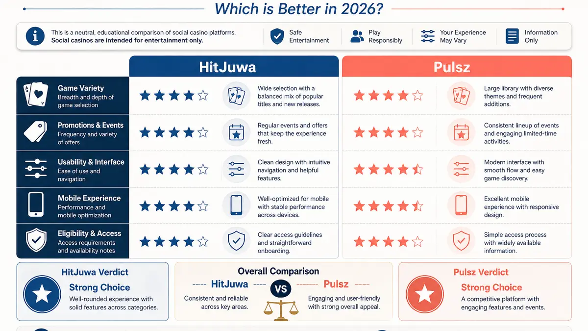 HitJuwa educational graphic for HitJuwa vs Pulsz Social Casino: Which is Better in 2026?